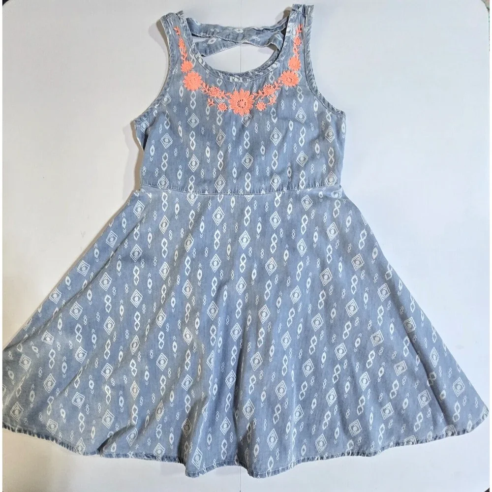 Justice Sleeveless Dress Kids‎ 12 Blue Geometric Boho Floral Embroidered Core